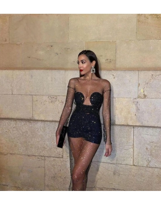 Kadın Siyah Kristal Taşlı File Elbise – Plaj Ve Gece Şıklığı İçin