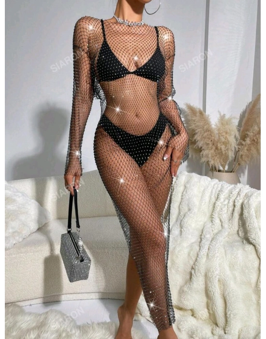 Kadın Siyah Kristal Taşlı File Elbise – Plaj Ve Gece Şıklığı İçin