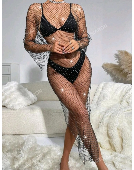 Kadın Siyah Kristal Taşlı File Elbise – Plaj Ve Gece Şıklığı İçin