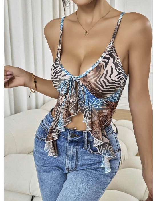 Kadın Siyah Leopar Desenli Crop Askılı Önden Bağlama Fırfır Detaylı 5091