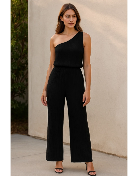 Kadın Siyah Tek Omuzlu Şık Bluz & Geniş Paça Pantolon İkili Takım