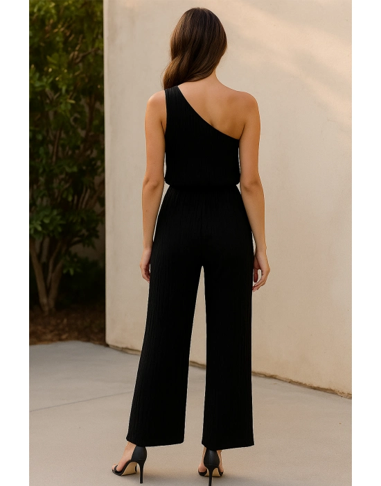 Kadın Siyah Tek Omuzlu Şık Bluz & Geniş Paça Pantolon İkili Takım