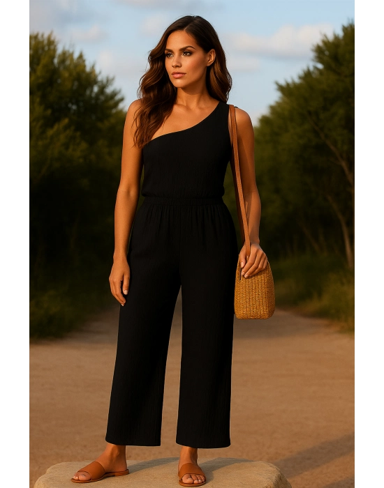Kadın Siyah Tek Omuzlu Şık Bluz & Geniş Paça Pantolon İkili Takım