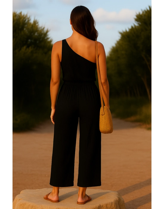 Kadın Siyah Tek Omuzlu Şık Bluz & Geniş Paça Pantolon İkili Takım