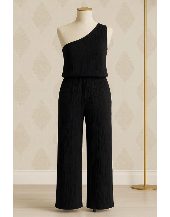 Kadın Siyah Tek Omuzlu Şık Bluz & Geniş Paça Pantolon İkili Takım