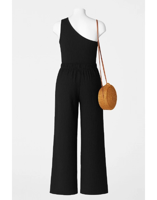 Kadın Siyah Tek Omuzlu Şık Bluz & Geniş Paça Pantolon İkili Takım