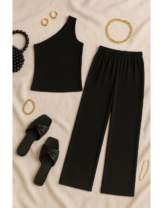 Kadın Siyah Tek Omuzlu Şık Bluz & Geniş Paça Pantolon İkili Takım