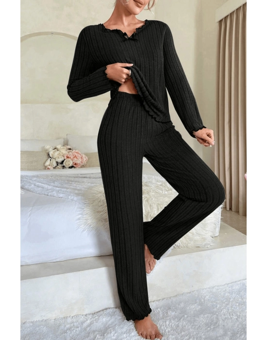 Kadın Siyah Uzun Kollu Fiyonklu Yuvarlak Yaka Mevsimlik Pijama Takımı