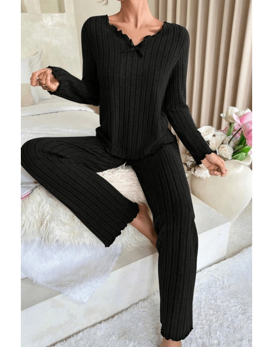 Kadın Siyah Uzun Kollu Fiyonklu Yuvarlak Yaka Mevsimlik Pijama Takımı