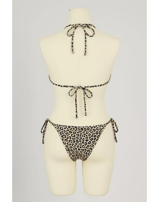 Kadın Siyah Ve Leopar Detaylı Yandan Bağlamalı Bikini Takımı