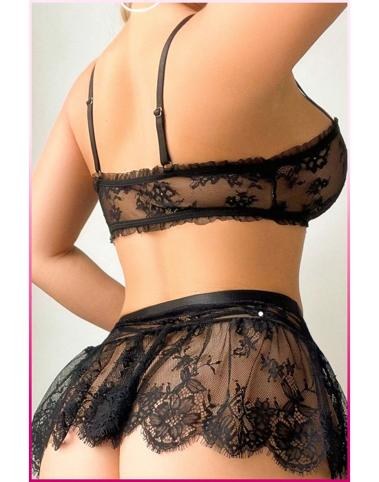 Kadın Siyah Zarif Dantelli Etekli Strapless Transparan Fantazi Kostüm