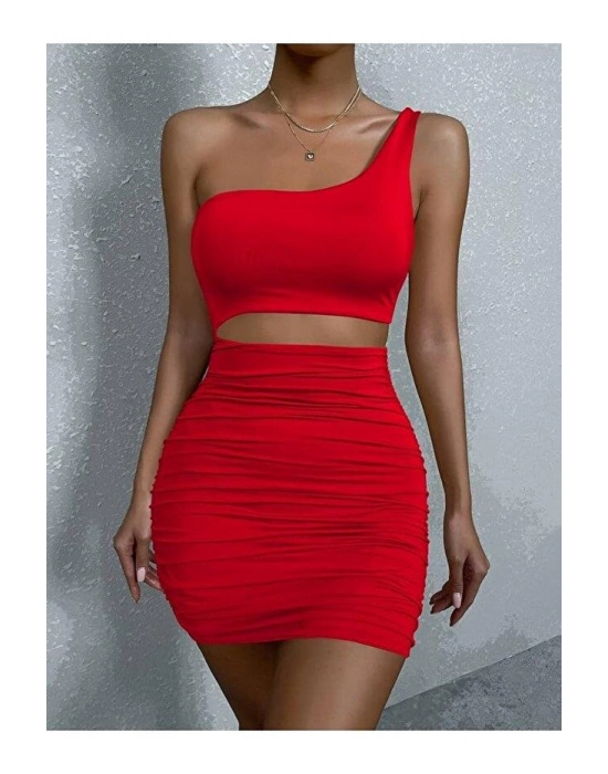 Kadın Tek Omuz Kesim Detaylı Büzgülü Fantezi Elbise 5078