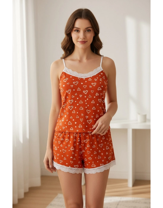 Kadın Turuncu Kalp Desenli Askılı Şortlu Dantelli Pijama Takımı