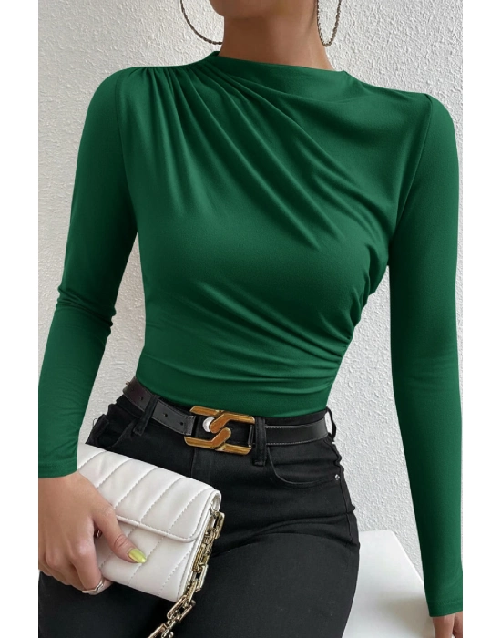 Kadın Yeşil Belden Ve Boyundan Büzgü Detaylı Uzun Kollu Bluz