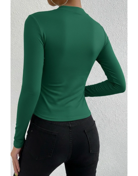 Kadın Yeşil Belden Ve Boyundan Büzgü Detaylı Uzun Kollu Bluz