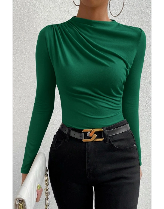 Kadın Yeşil Belden Ve Boyundan Büzgü Detaylı Uzun Kollu Bluz