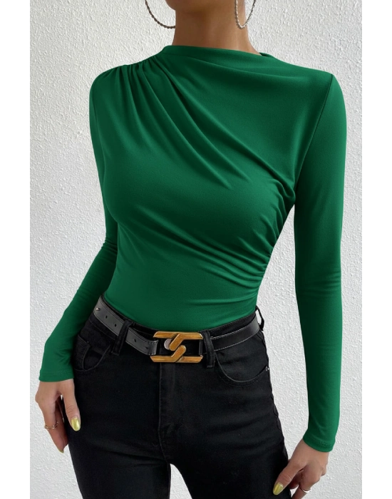 Kadın Yeşil Belden Ve Boyundan Büzgü Detaylı Uzun Kollu Bluz