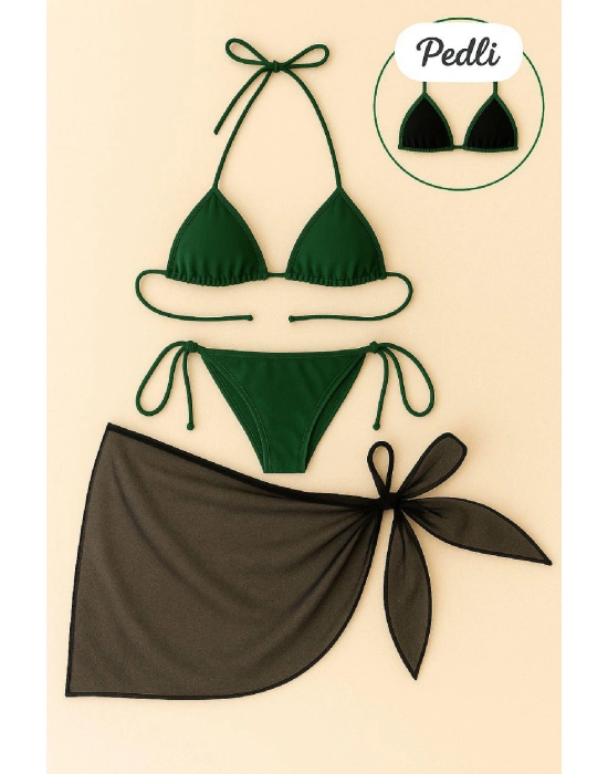 Kadın Yeşil Siyah Pareolu Yandan Ve Boyundan Bağlamalı 3lü Bikini Takımı