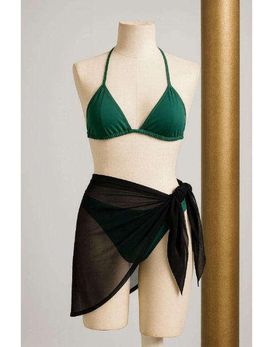 Kadın Yeşil Siyah Pareolu Yandan Ve Boyundan Bağlamalı 3lü Bikini Takımı