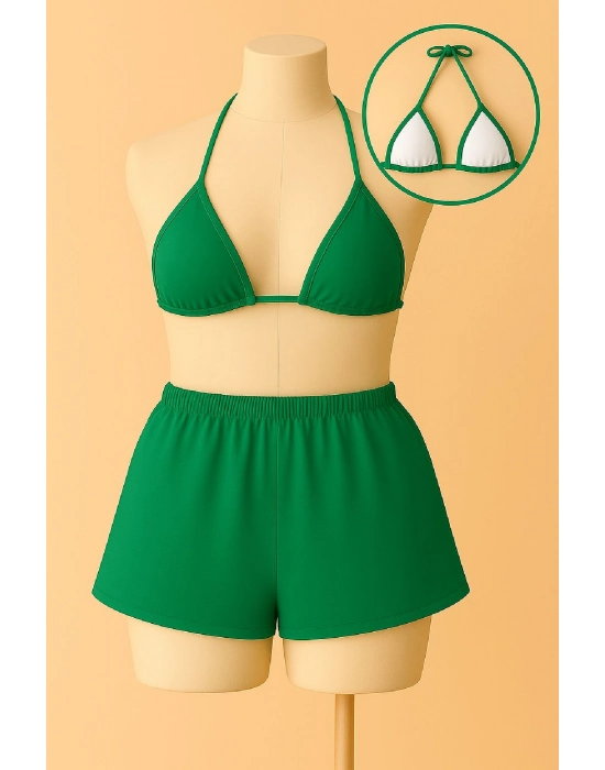 Kadın Yeşil Şortlu Belden Ve Boyundan Bağlamalı Bikini Takımı