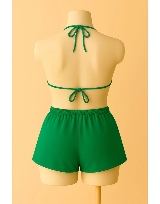 Kadın Yeşil Şortlu Belden Ve Boyundan Bağlamalı Bikini Takımı
