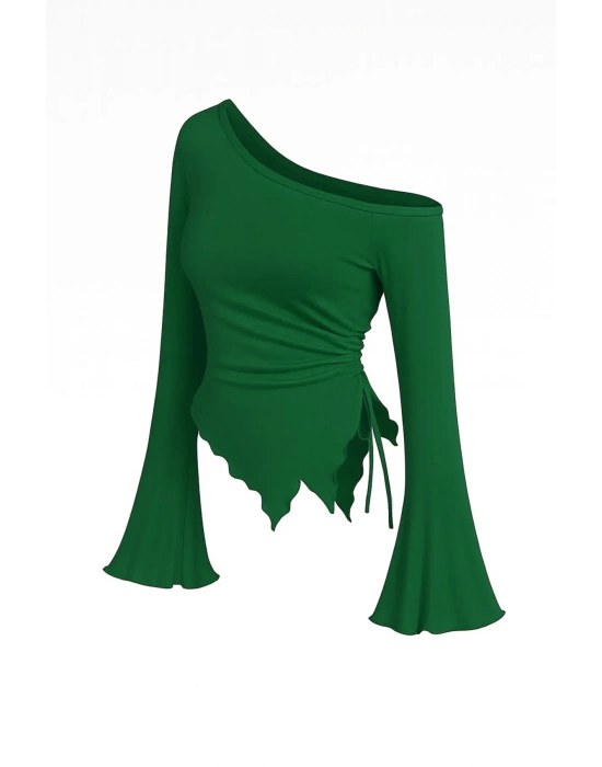 Kadın Yeşil Uzun İspanyol Kollu Asimetirik Yaka Yandan Bağlamalı Drapeli Bluz