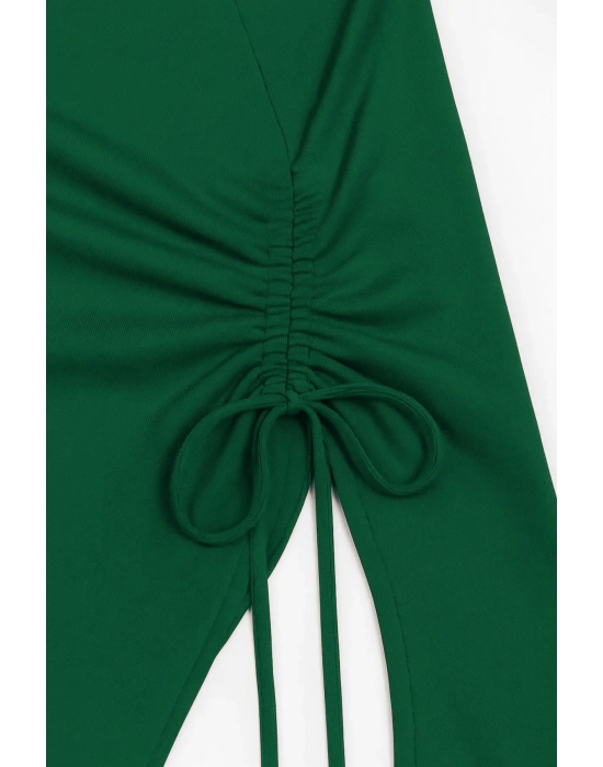 Kadın Yeşil Uzun İspanyol Kollu Asimetirik Yaka Yandan Bağlamalı Drapeli Bluz