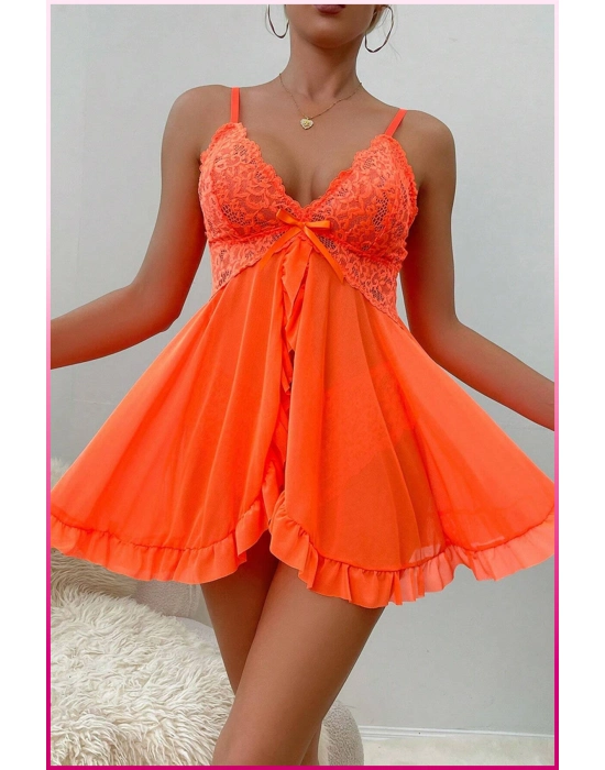 Kadın Zarif Turuncu Tül Gecelik Ve Külot Takım