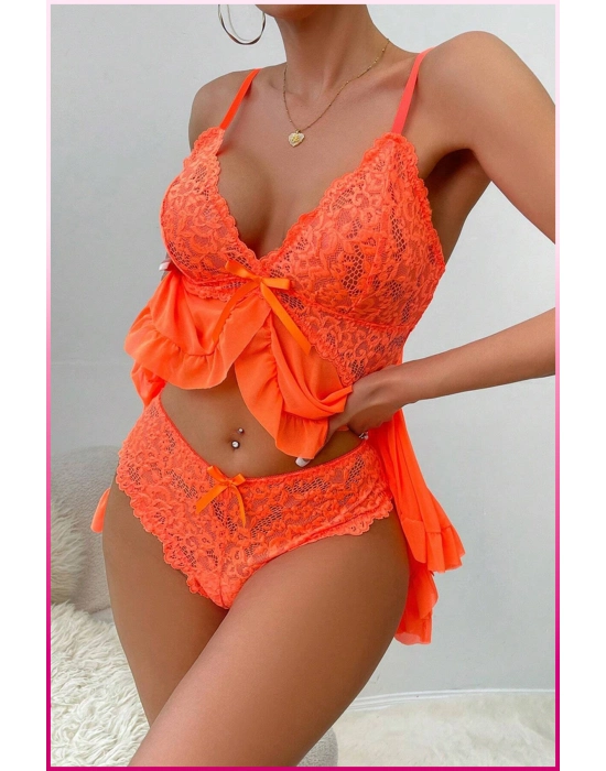 Kadın Zarif Turuncu Tül Gecelik Ve Külot Takım