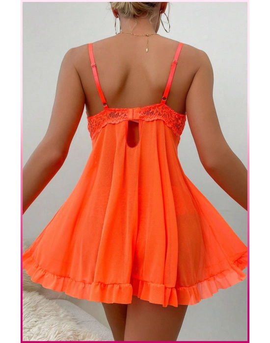 Kadın Zarif Turuncu Tül Gecelik Ve Külot Takım