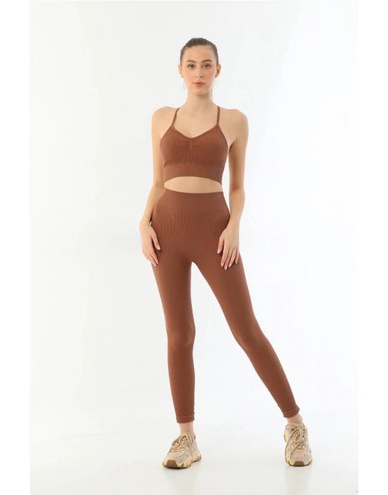 Kahve Mı Emay 3921 Soft Seamless Ripli Tayt Yoga Takımı