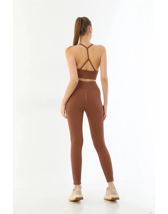 Kahve Mı Emay 3921 Soft Seamless Ripli Tayt Yoga Takımı