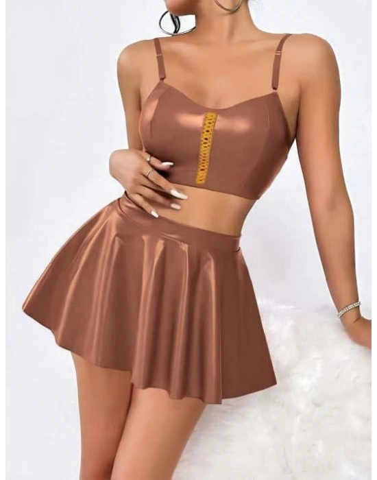 Kahverengi Etekli Fantezi Deri Şık Elbise