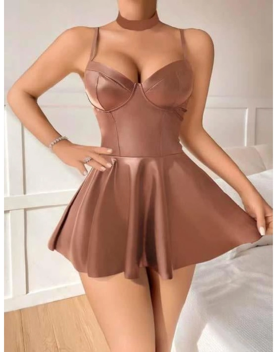 Kahverengi Etekli Pileli Fantezi Deri Elbise