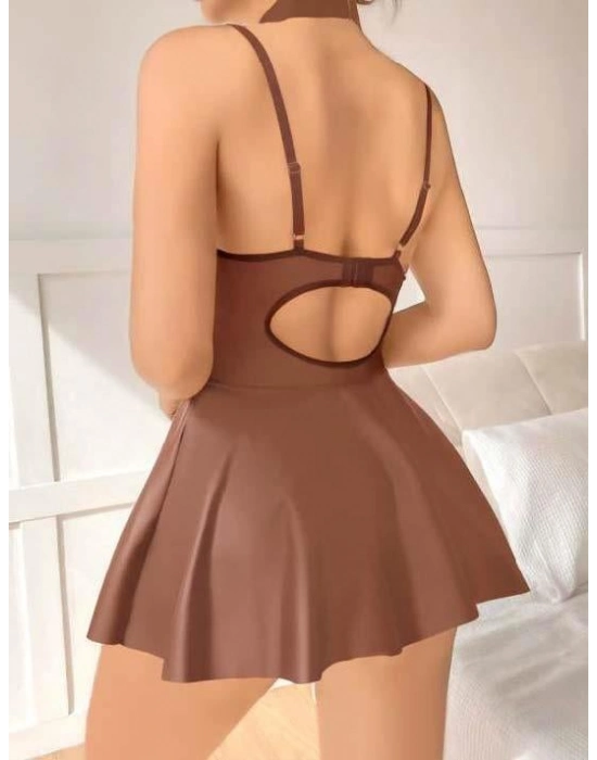 Kahverengi Etekli Pileli Fantezi Deri Elbise