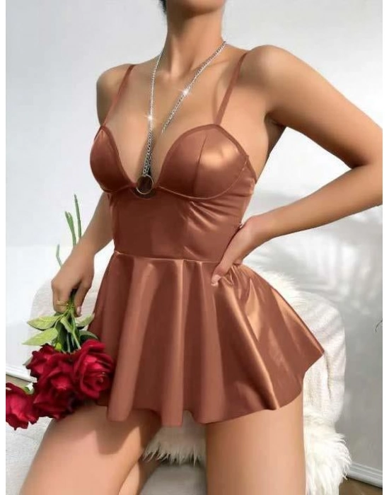 Kahverengi Parlak Lame Fantezi Deri Elbise