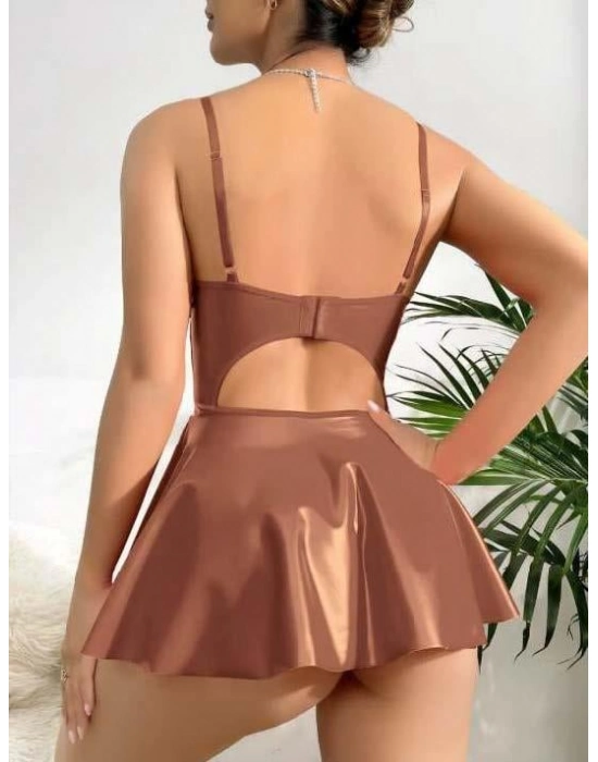 Kahverengi Parlak Lame Fantezi Deri Elbise