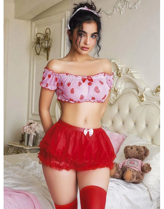 Kalp Desenli Fantezi Kırmızı Gecelik