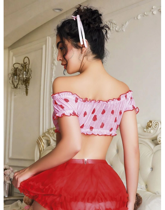 Kalp Desenli Fantezi Kırmızı Gecelik