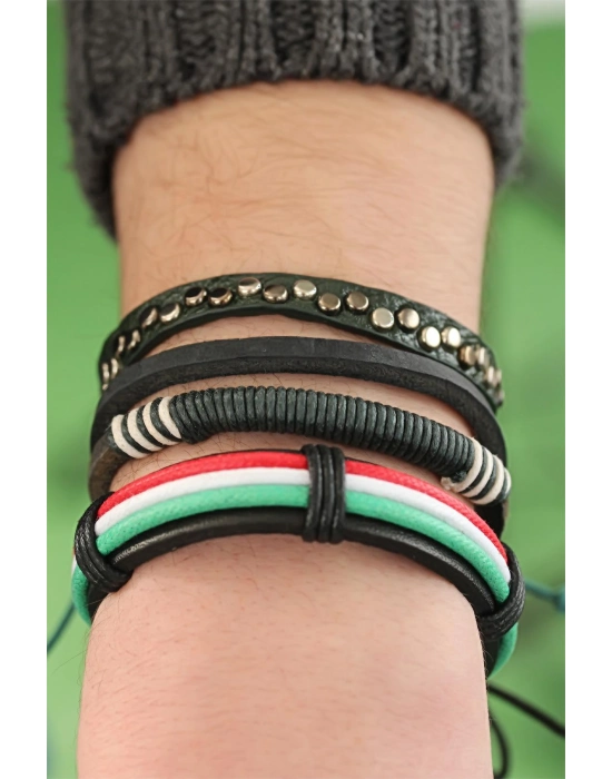 Karışık Renkli Çoklu Deri Erkek Bileklik Kombin - Bamido