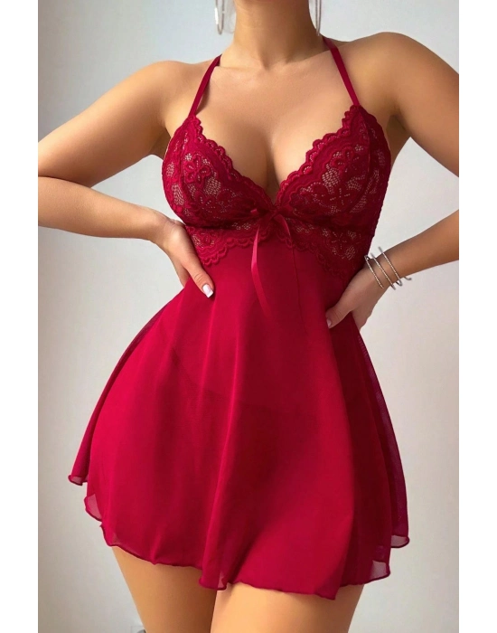 Kırmızı A Kalıp Dantel Detaylı Mini Gecelik 15937