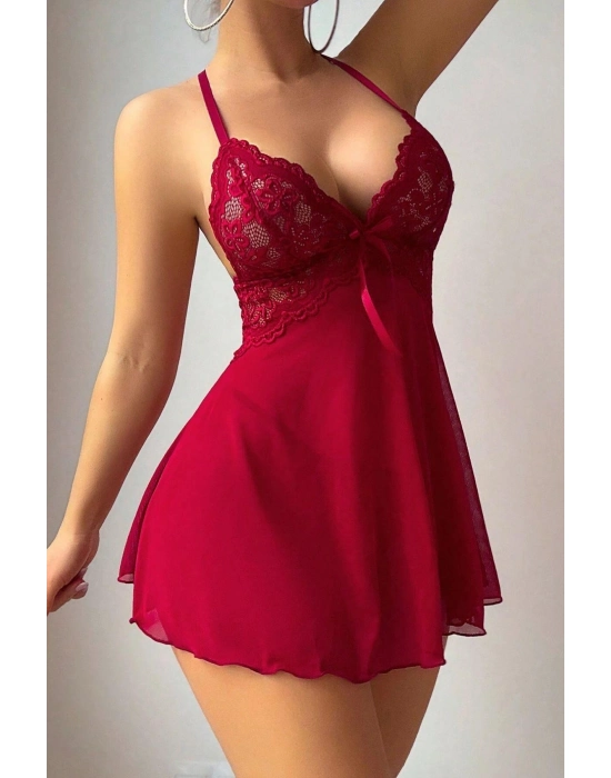 Kırmızı A Kalıp Dantel Detaylı Mini Gecelik 15937