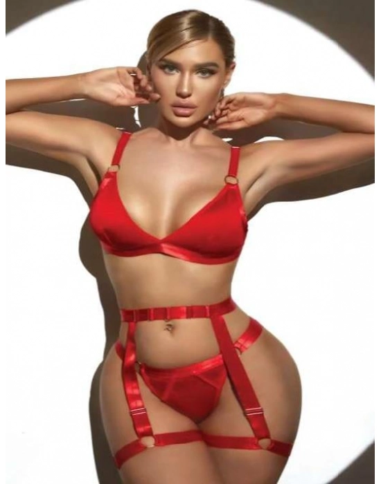 Kırmızı Bacak Aksesuarlı Fantezi Jartiyer Takım