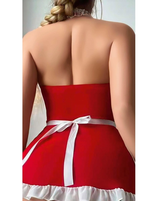 Kırmızı Beyaz Dantel İşlemeli Kalp Detaylı Fantezi Fransız Hizmetçi Kostümü