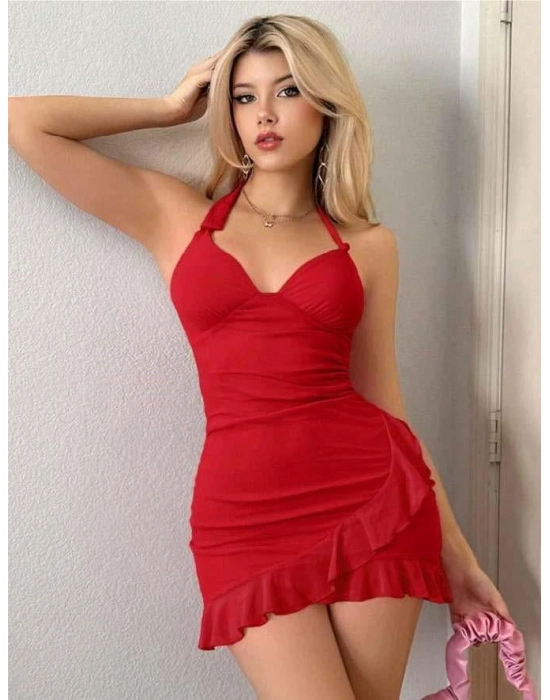 Kırmızı Boyundan Bağlamalı Fırfırlı Fantezi Mini Club Elbisesi