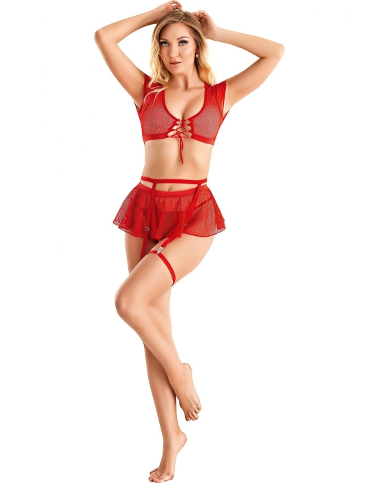 Kırmızı Büstiyerli Tül Etekli Fantezi Jartiyer Takımı