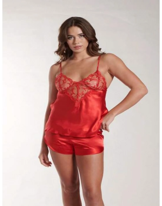 Kırmızı Dantel Detaylı İnce Askılı Saten Şortlu Takım