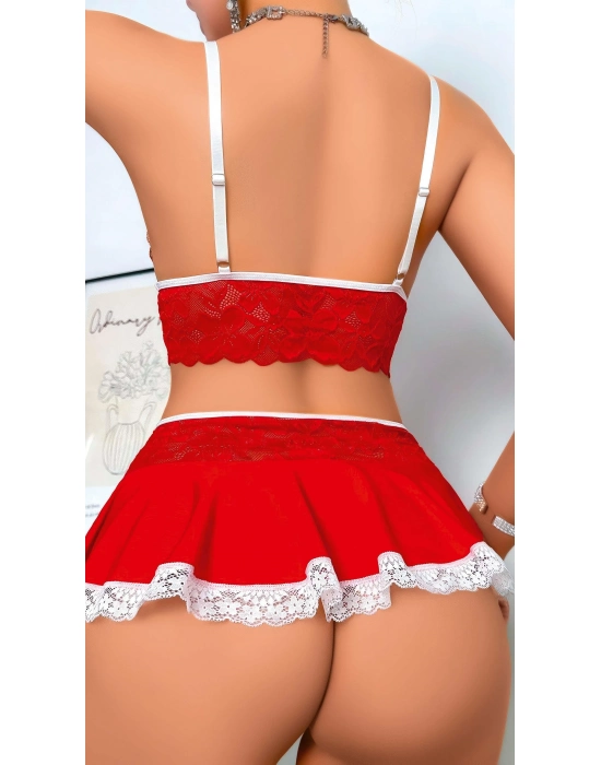 Kırmızı Dantel İşlemeli Büstiyerli Etekli Fantezi Kostüm