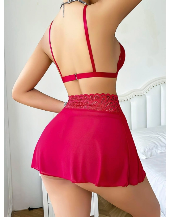 Kırmızı Dantel İşlemeli Etekli Fantezi Sütyen Takımı