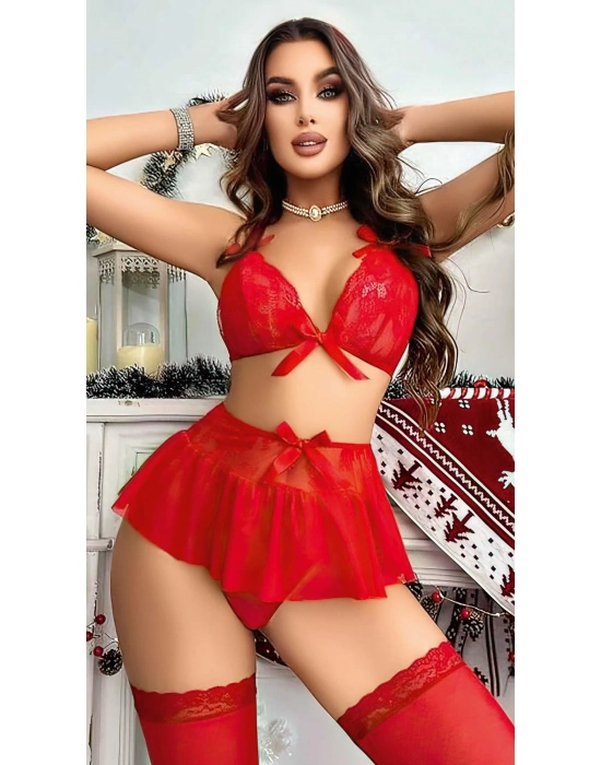 Kırmızı Dantel İşlemeli Etekli Sütyen Fantezi Takım